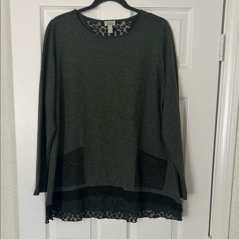 LOGO by Lori Goldstein Charcoal Tunic with Lace Hem